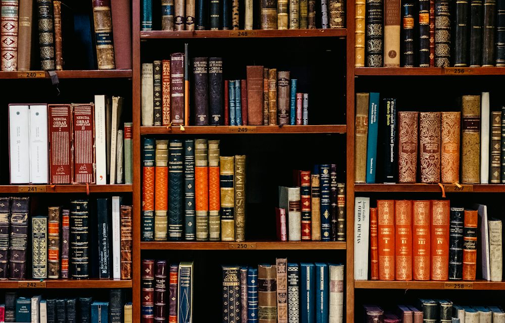 Rows of books on library shelves